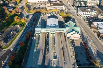 An aerial view shows the old Charles Street bus terminal and surrounding area