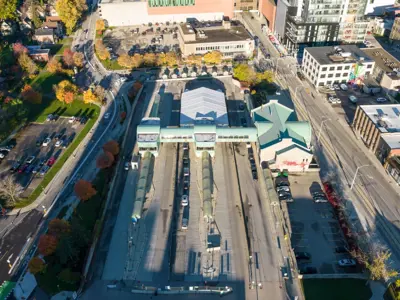 An aerial view shows the old Charles Street bus terminal and surrounding area