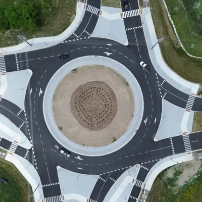 Aerial view of the new roundabout at Fountain Street and Maple Grove Road