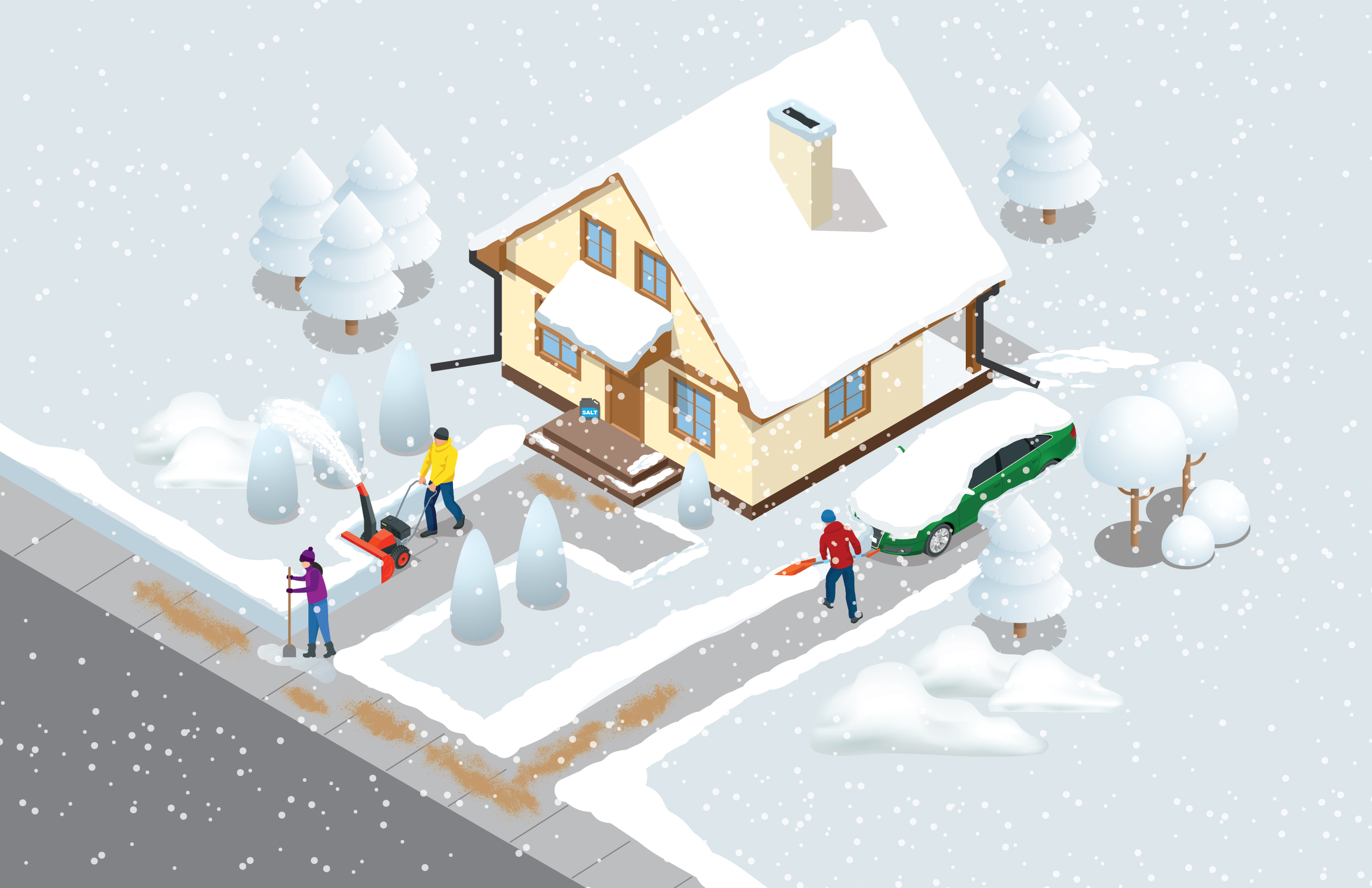 winter scene of house with people clearing snow and ice