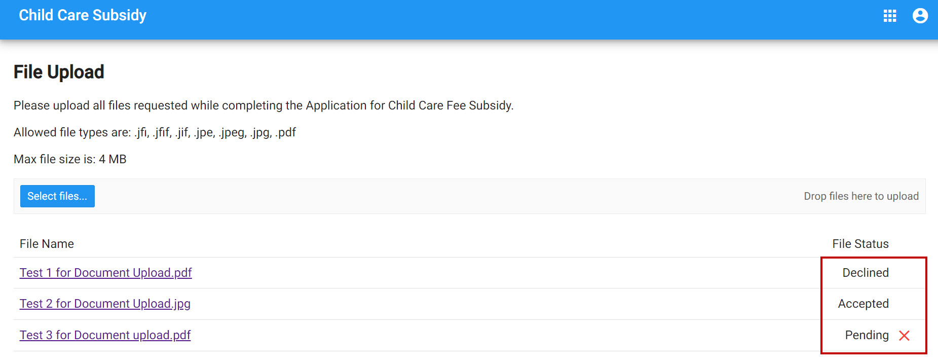 This image shows a screenshot of the Child Care Subsidy Account File Upload page with a red box around the file statuses of "Declined", "Accepted", and "Pending".