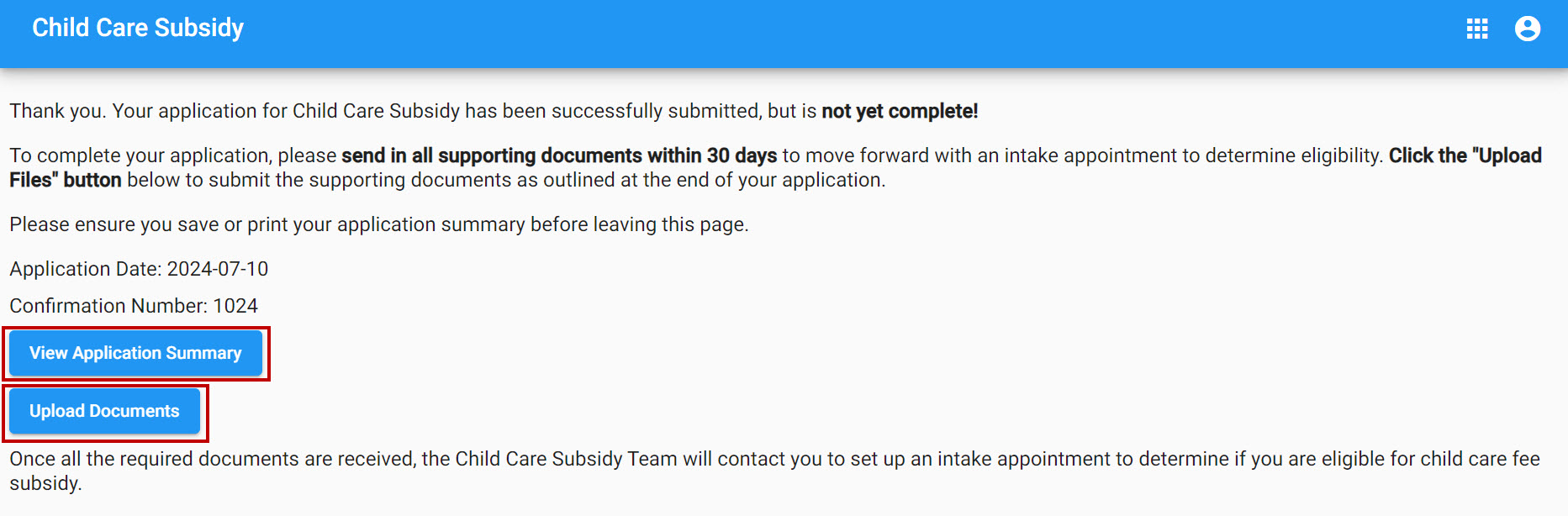 This image shows a screenshot of the Child Care Subsidy Application submitted page. The screenshot has two red boxes highlighting the button to "View Application Summary" and the button to "Upload Documents".