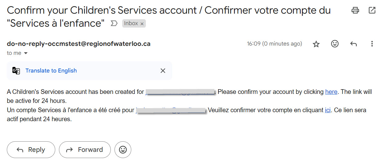 This image shows a screenshot of the Confirm your Children's Services account email that parent's receive after creating an account.
