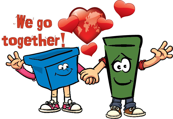 Blue box and green bin "We go together"