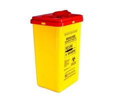 A yellow plastic biohazard bin with a red lid used to safely dispose of needles or sharps.
