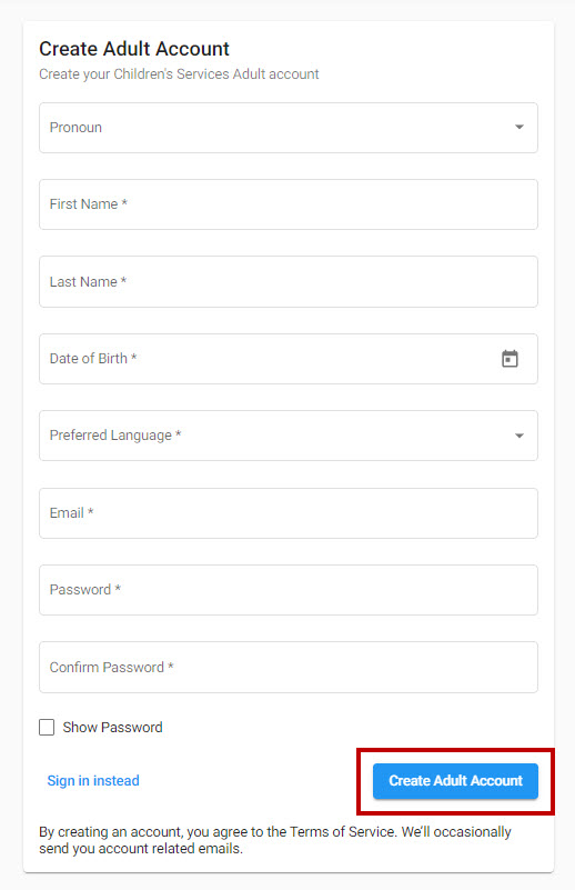 This image shows a screenshot of the Child Care Subsidy Account's Create Adult Account page with a red box highlighting the "Create Adult Account" button.