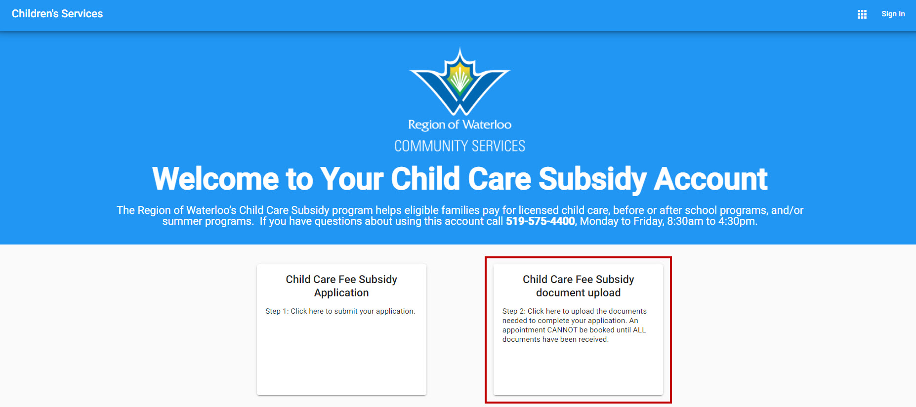 This image shows a screenshot of the Child Care Subsidy Account Home page with a red box highlighting the "Child Care Fee Subsidy Document Upload" button.