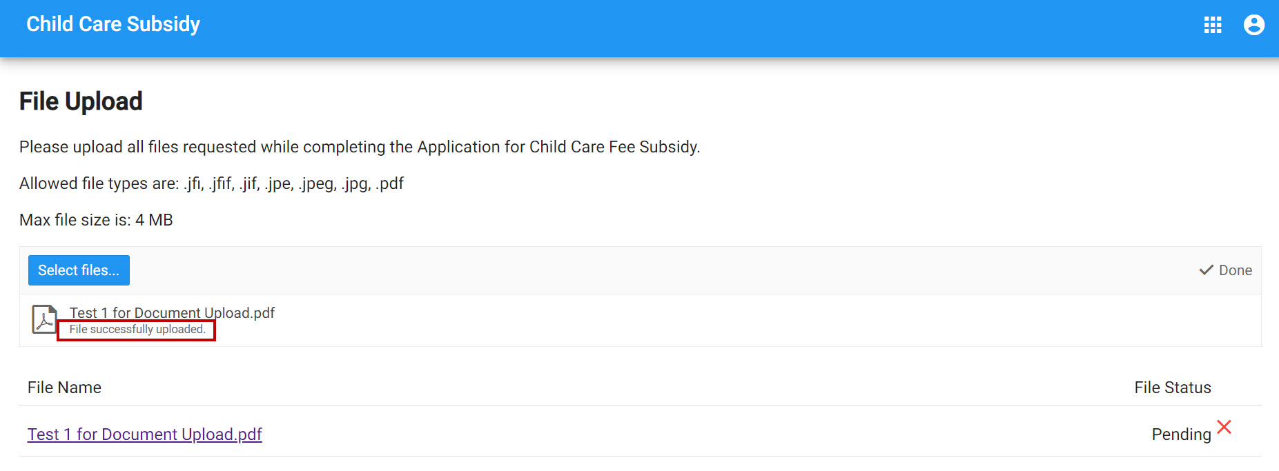 This image shows a screenshot of the Child Care Subsidy Account File Upload page with a red box around the "File successfully uploaded" text.
