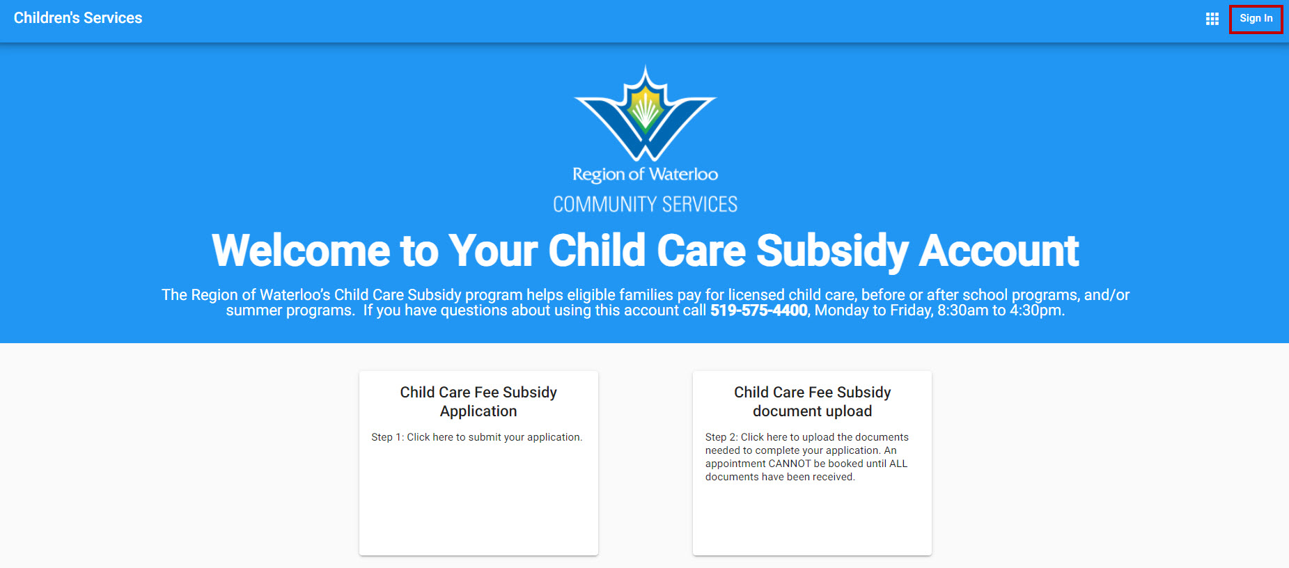 This image shows a screenshot of the Child Care Subsidy Account's home page with a red box highlighting the "Sign In" button.